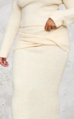 Online PrettyLittleThing Plus Soft Bobble Knit Foldover Maxi Skirt Cream