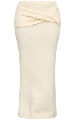 Online PrettyLittleThing Plus Soft Bobble Knit Foldover Maxi Skirt Cream