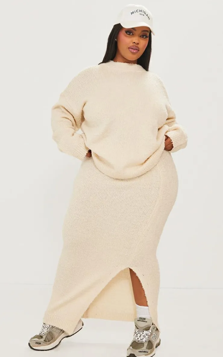 Best PrettyLittleThing Plus Soft Knit Boucle High Neck Sweater Cream