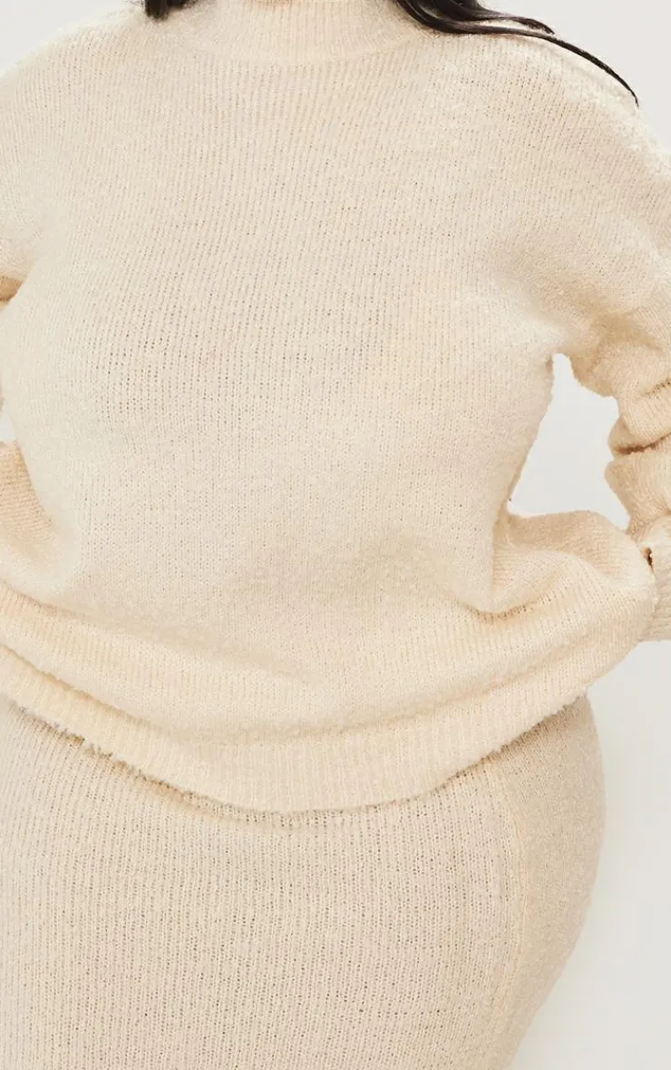 Best PrettyLittleThing Plus Soft Knit Boucle High Neck Sweater Cream