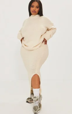 Clearance PrettyLittleThing Plus Soft Knit Boucle Maxi Skirt Cream