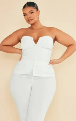 Discount PrettyLittleThing Plus Stretch Woven Bandeau Top Cream