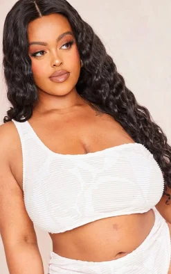 Plus Cream Textured One Shoulder Bikini Top