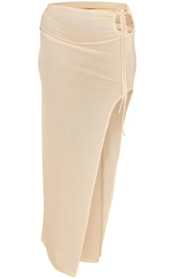 Hot PrettyLittleThing Plus Textured Split Midaxi Skirt Cream