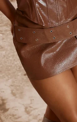 Online PrettyLittleThing Plus Textured Pu Belted Micro Mini Skirt Dark Brown