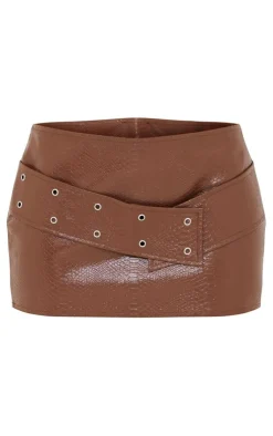 Online PrettyLittleThing Plus Textured Pu Belted Micro Mini Skirt Dark Brown