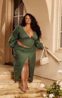 Online PrettyLittleThing Plus O Ring Split Leg Midaxi Skirt Dark Green