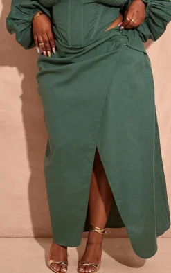 Online PrettyLittleThing Plus O Ring Split Leg Midaxi Skirt Dark Green