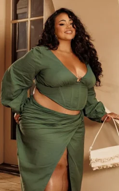 Online PrettyLittleThing Plus Ring Boning Long Sleeve Bardot Top Dark Green