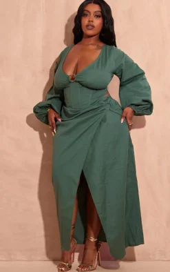 Online PrettyLittleThing Plus Ring Boning Long Sleeve Bardot Top Dark Green