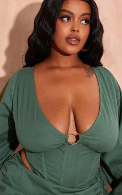 Online PrettyLittleThing Plus Ring Boning Long Sleeve Bardot Top Dark Green