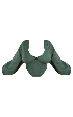 Online PrettyLittleThing Plus Ring Boning Long Sleeve Bardot Top Dark Green