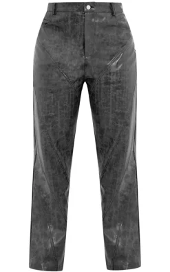 Plus Dark Grey Washed Faux Leather Panel Detail Straight Leg Pants