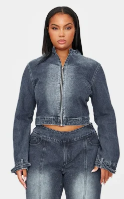 Plus Dark Indigo Buckle Detail Cropped Moto Jacket