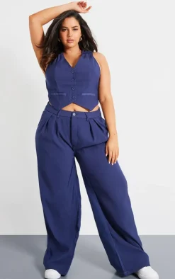 Best PrettyLittleThing Plus Denim Contrast Tailored Wide Leg Pants Dark Indigo
