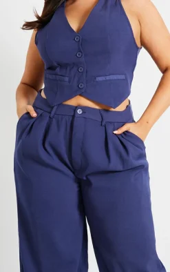 Best PrettyLittleThing Plus Denim Contrast Tailored Wide Leg Pants Dark Indigo