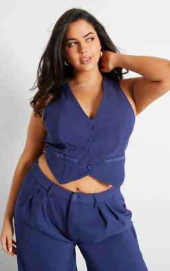 Discount PrettyLittleThing Plus Denim Contrast Tailored Vest Dark Indigo