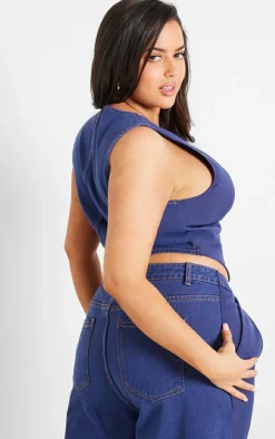 Discount PrettyLittleThing Plus Denim Contrast Tailored Vest Dark Indigo
