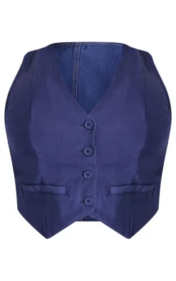 Discount PrettyLittleThing Plus Denim Contrast Tailored Vest Dark Indigo