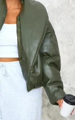 PrettyLittleThing Puffer Jackets*Plus Exaggerated Collar PU Cropped Puffer Coat