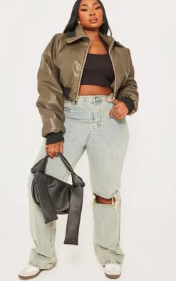 PrettyLittleThing Puffer Jackets*Plus Faux Leather Washed Cropped Fold Over Puffer Jacket