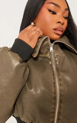 PrettyLittleThing Puffer Jackets*Plus Faux Leather Washed Cropped Fold Over Puffer Jacket