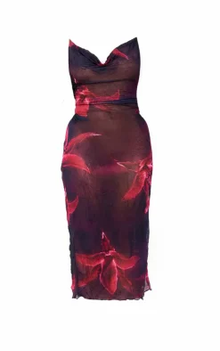 Plus Large Floral Print Crinkle Mesh Cowl Neck Midi Dress-PrettyLittleThing New