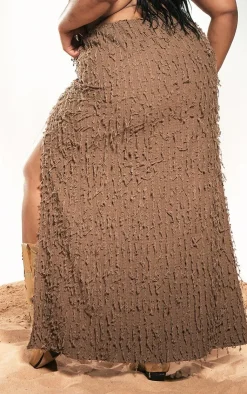 Clearance PrettyLittleThing Plus Dark Distressed Side Split Maxi Skirt Taupe