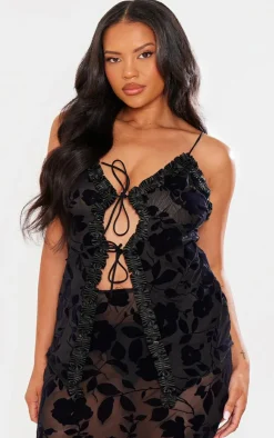 Best PrettyLittleThing Plus Devore Tie Frill Detail Top Deep Black