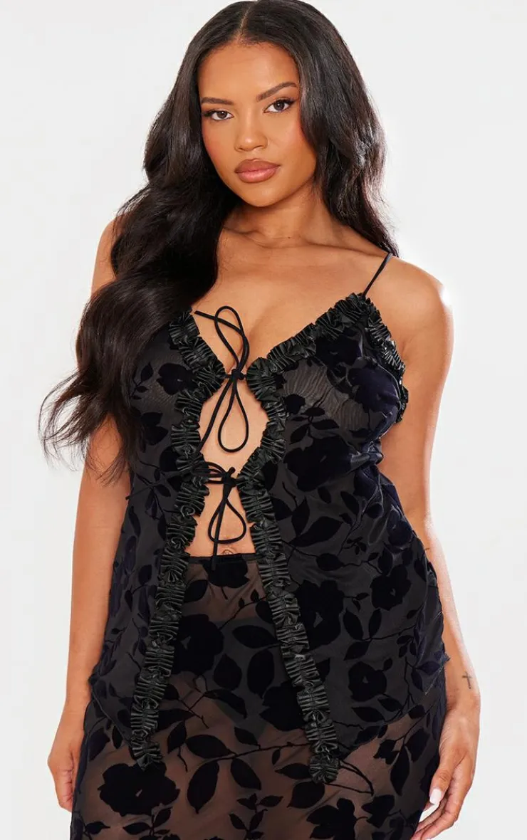Best PrettyLittleThing Plus Devore Tie Frill Detail Top Deep Black