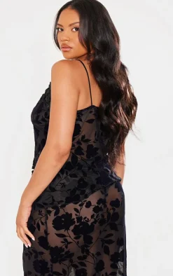 Best PrettyLittleThing Plus Devore Tie Frill Detail Top Deep Black