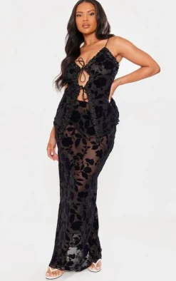 Best PrettyLittleThing Plus Devore Tie Frill Detail Top Deep Black