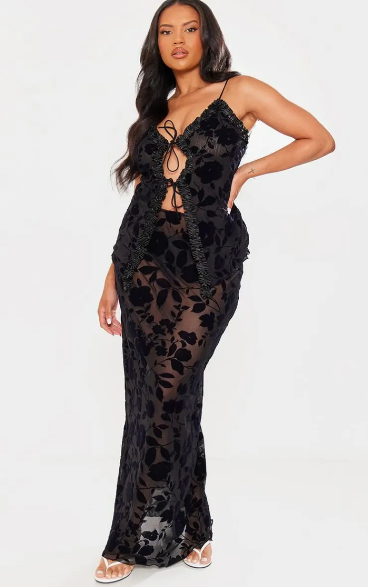 Best PrettyLittleThing Plus Devore Tie Frill Detail Top Deep Black