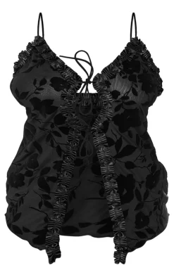 Best PrettyLittleThing Plus Devore Tie Frill Detail Top Deep Black