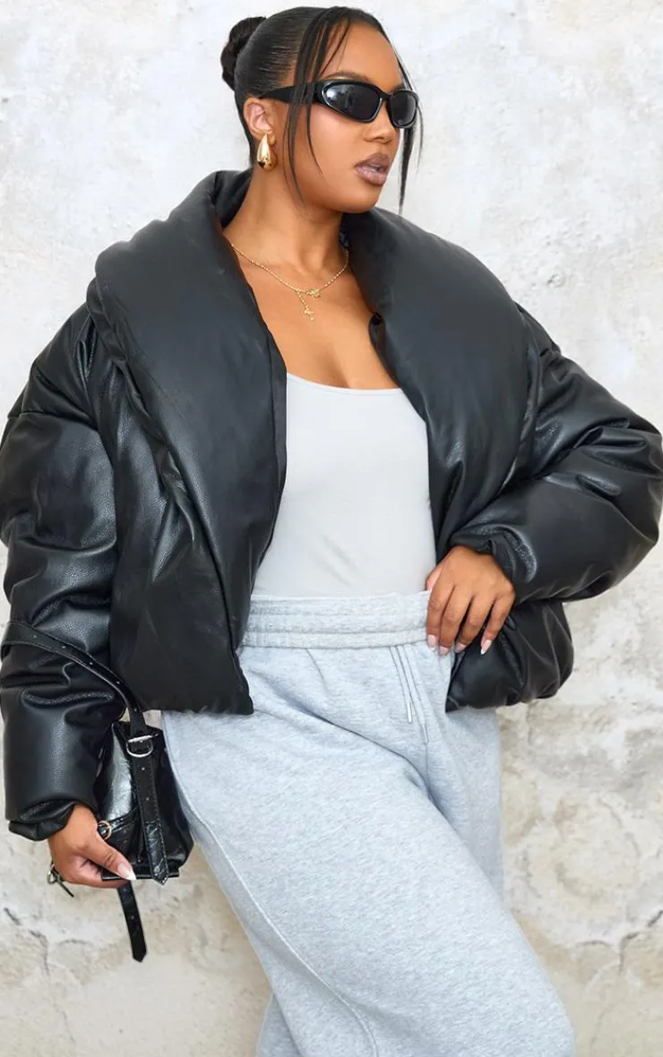PrettyLittleThing Puffer Jackets*Plus Exaggerated Collar PU Cropped Puffer Coat