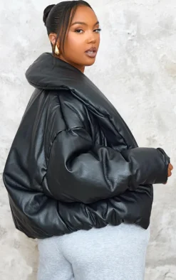PrettyLittleThing Puffer Jackets*Plus Exaggerated Collar PU Cropped Puffer Coat
