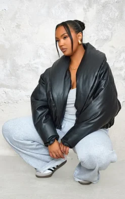 PrettyLittleThing Puffer Jackets*Plus Exaggerated Collar PU Cropped Puffer Coat