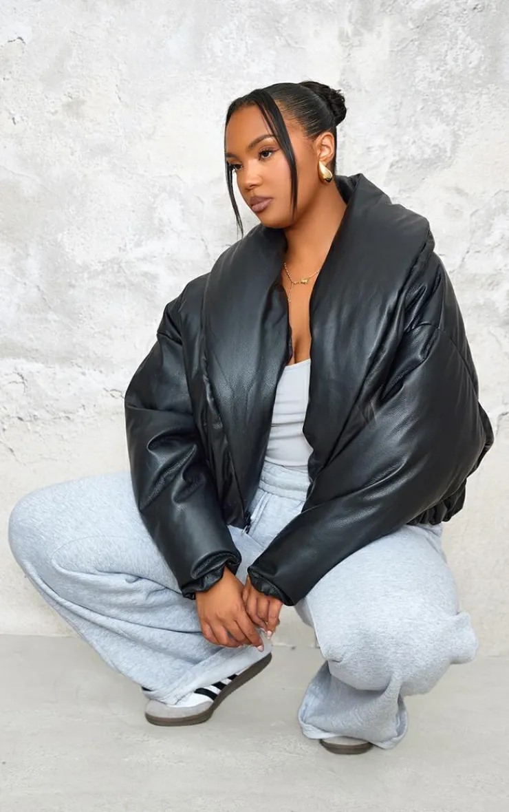 PrettyLittleThing Puffer Jackets*Plus Exaggerated Collar PU Cropped Puffer Coat