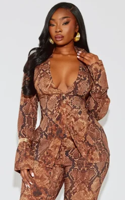 PrettyLittleThing Plus Snake Print Chiffon Fitted Shirt Deep Brown