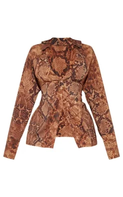 PrettyLittleThing Plus Snake Print Chiffon Fitted Shirt Deep Brown