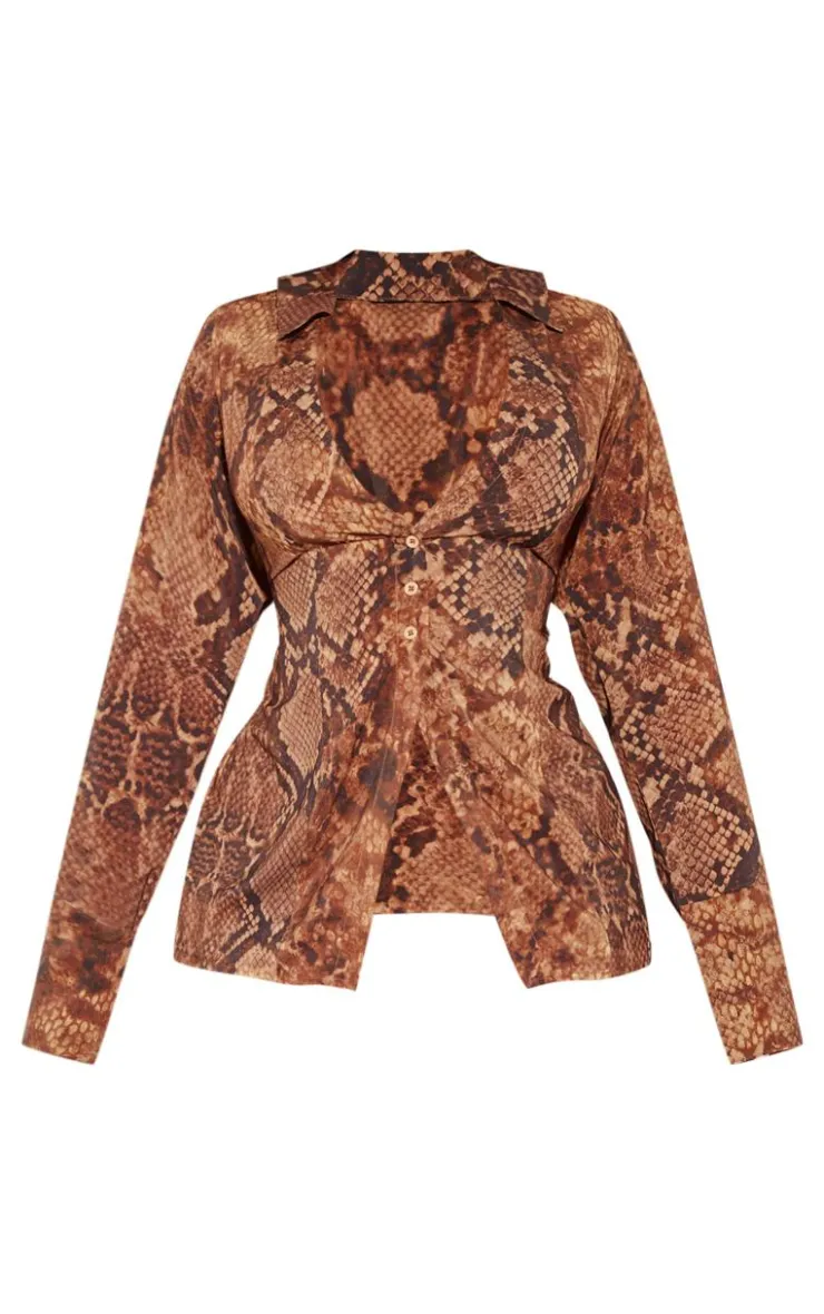 PrettyLittleThing Plus Snake Print Chiffon Fitted Shirt Deep Brown