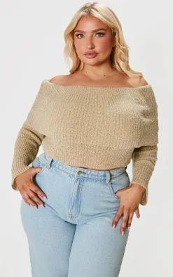 PrettyLittleThing Knitted Tops*Plus Bardot Boucle Knit Crop Top