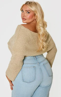PrettyLittleThing Knitted Tops*Plus Bardot Boucle Knit Crop Top