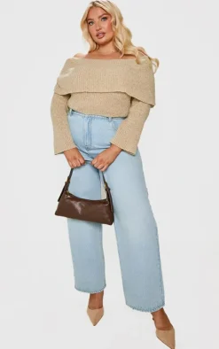 PrettyLittleThing Knitted Tops*Plus Bardot Boucle Knit Crop Top