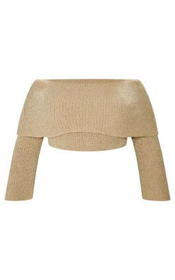 PrettyLittleThing Knitted Tops*Plus Bardot Boucle Knit Crop Top