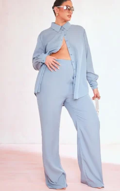 Sale PrettyLittleThing Plus Print Wide Leg Pants Dusty Blue