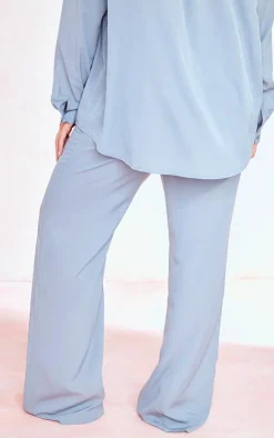 Sale PrettyLittleThing Plus Print Wide Leg Pants Dusty Blue
