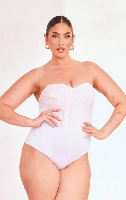 Clearance PrettyLittleThing Plus Eyelash Detail Bandeau Bodysuit Dusty Pink