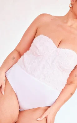 Clearance PrettyLittleThing Plus Eyelash Detail Bandeau Bodysuit Dusty Pink