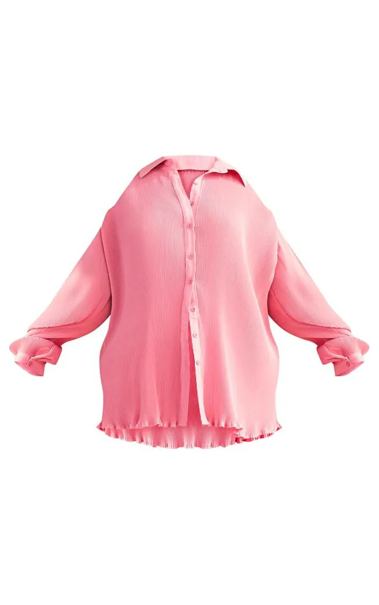 Online PrettyLittleThing Plus Plisse Button Front Oversized Shirt Dusty Pink
